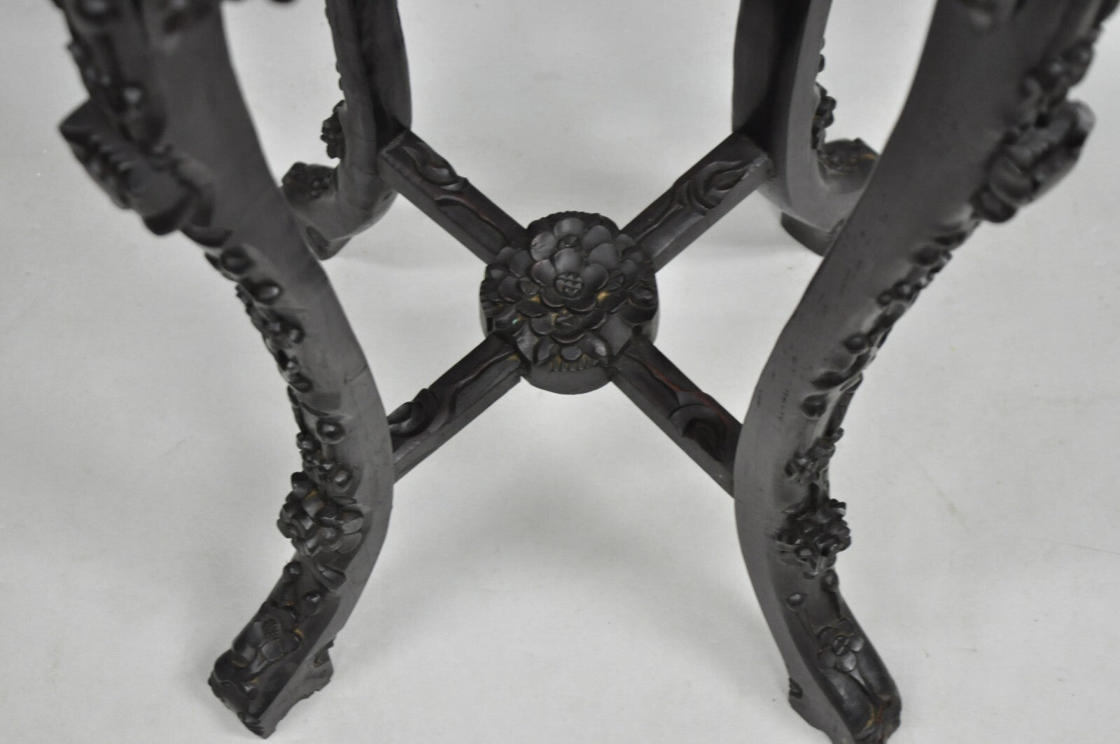 Antique Chinoiserie Chinese Carved Hardwood Marble Top 36" Pedestal Plant Stand