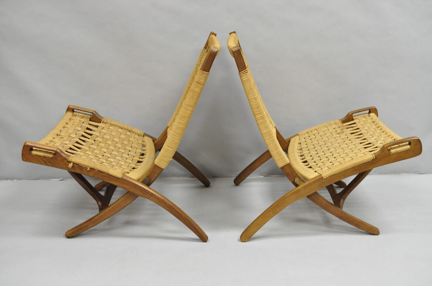 Vintage Mid Century Modern Woven Rope Wooden Folding Lounge Chair - a Pair