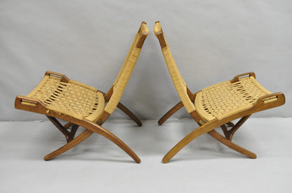 Vintage Mid Century Modern Woven Rope Wooden Folding Lounge Chair - a Pair