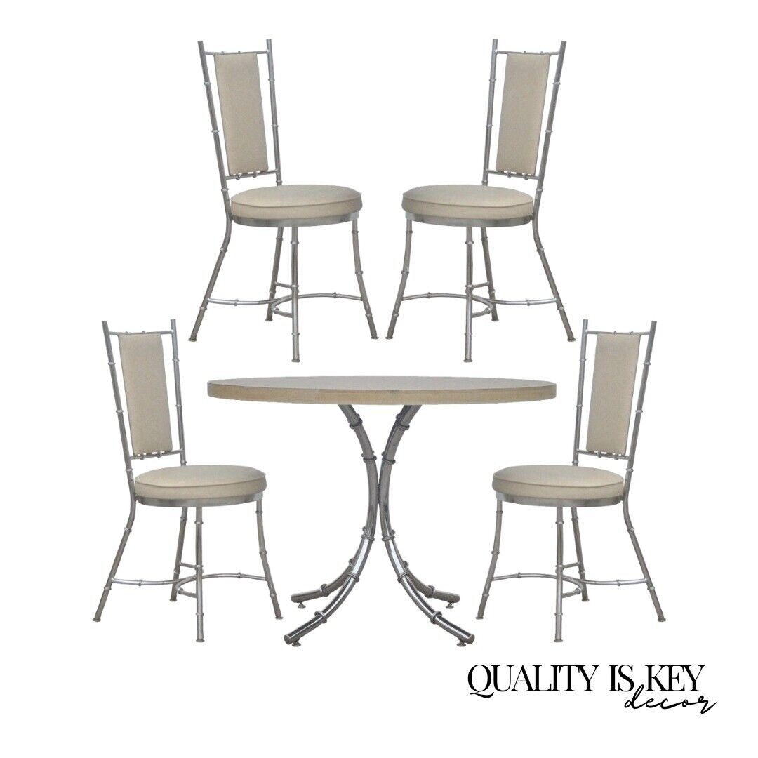 Vintage Hollywood Regency Chrome Metal Faux Bamboo Dining Kitchen Set - 5 Pc Set