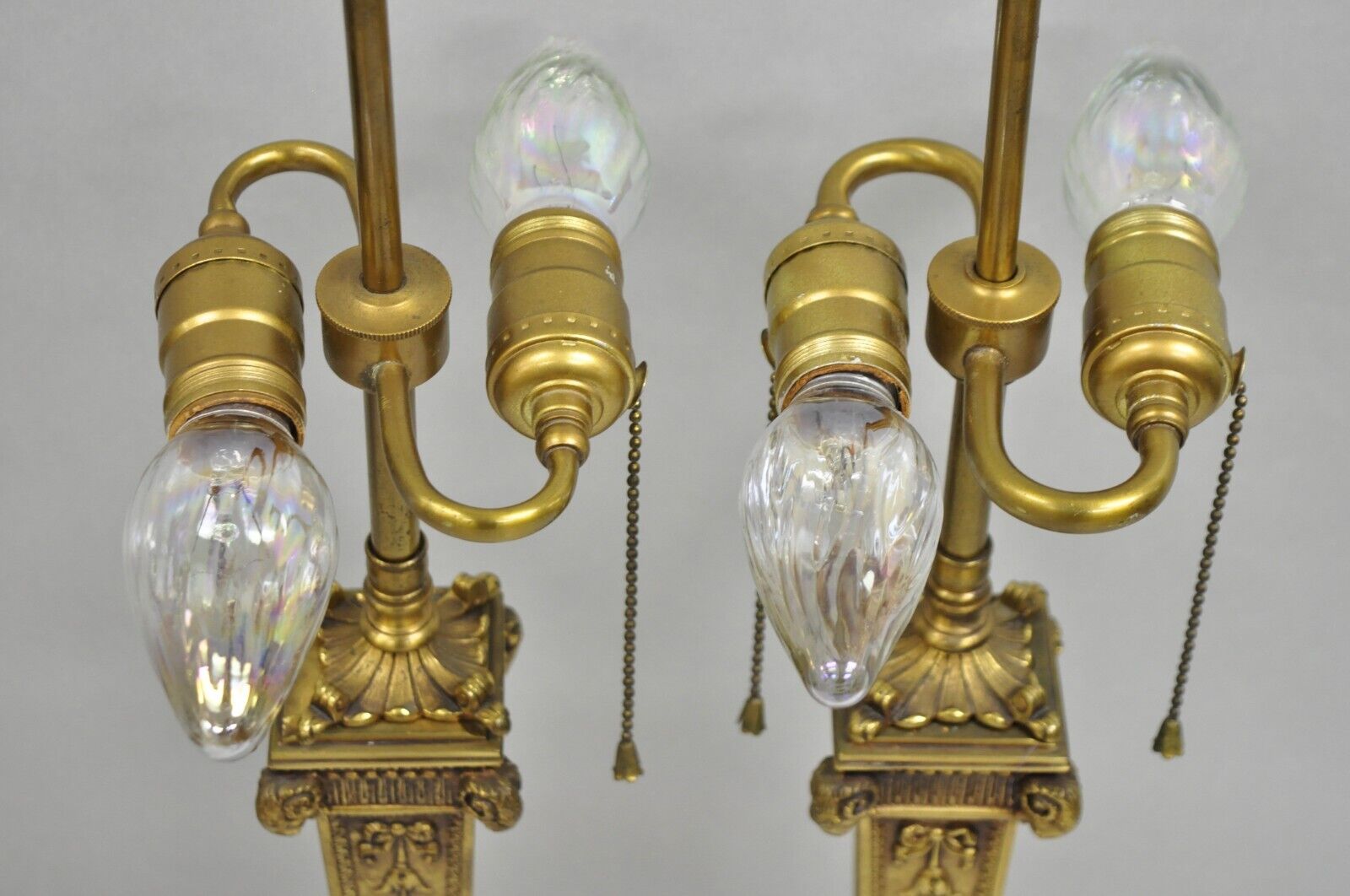 Antique French Empire Regency Rams Head Small Bronze Column Table Lamps - a Pair