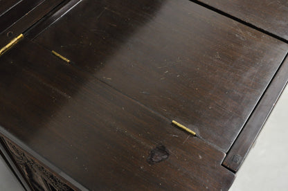 Vintage J L George Zee Chinese Figural Carved Teak Wood Flip Top Dry Bar Cabinet