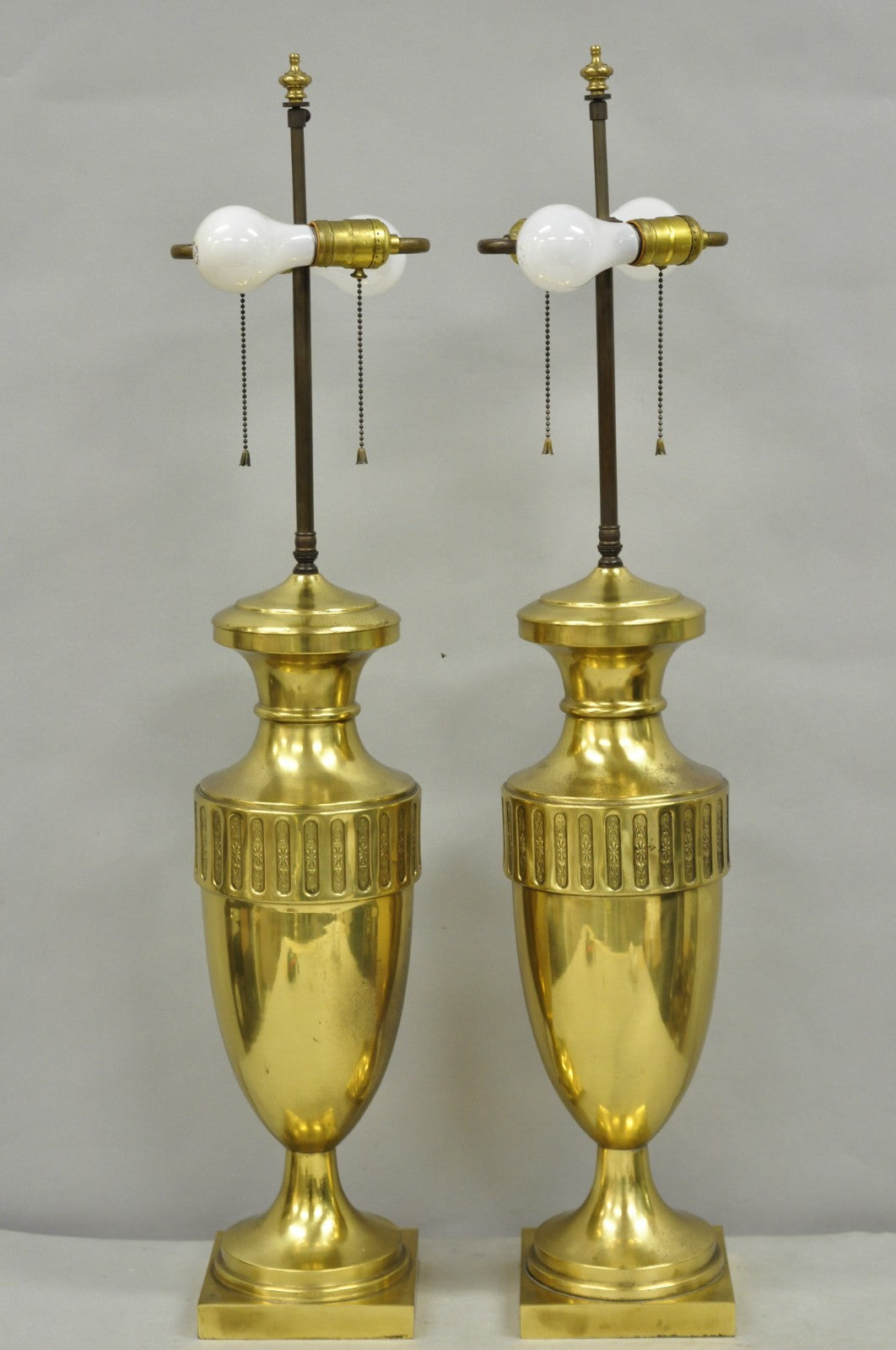 Vintage French Empire Neoclassical Gold Burnished Brass Urn Table Lamps - a Pair