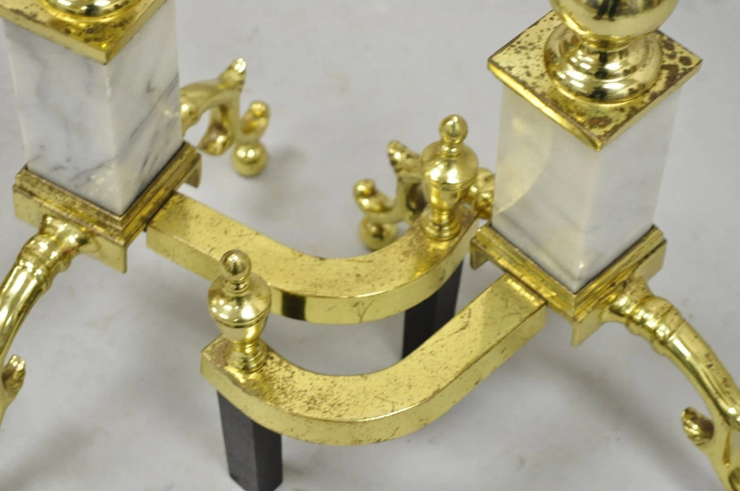 Vintage Brass Urn & Marble Federal Style Branch Leg Fireplace Andirons - a Pair