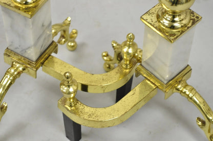 Vintage Brass Urn & Marble Federal Style Branch Leg Fireplace Andirons - a Pair