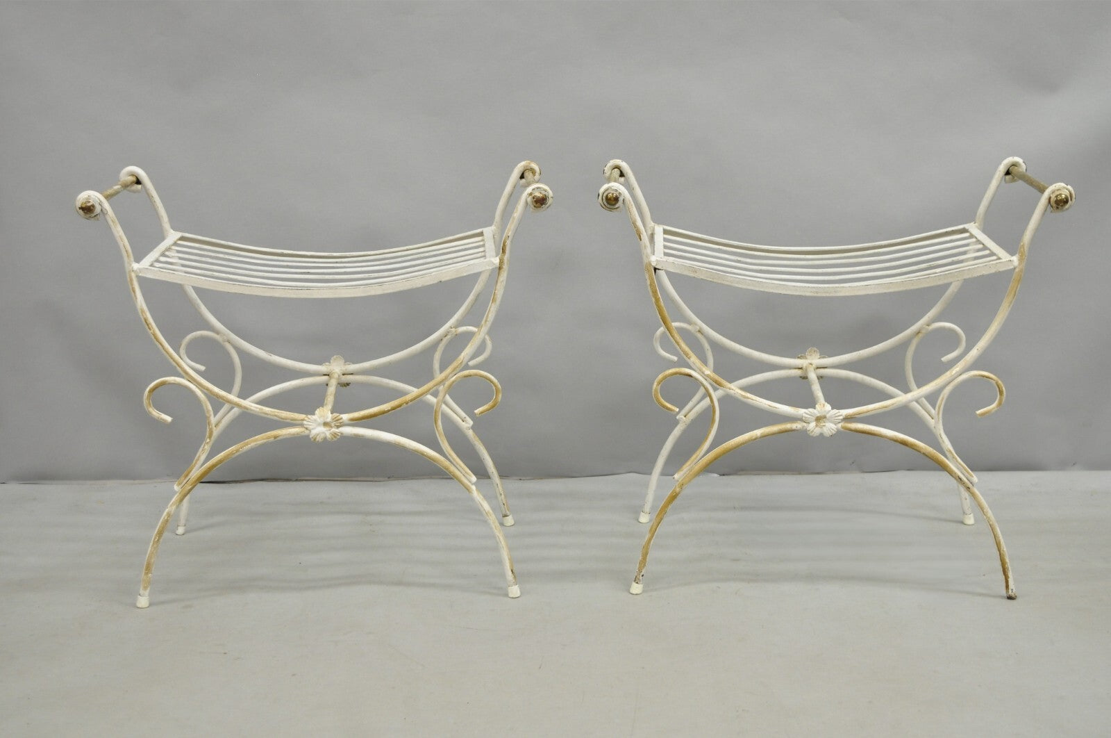 Vintage Italian Regency Wrought Iron & Brass Curule X Frame Stool - a Pair