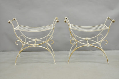 Vintage Italian Regency Wrought Iron & Brass Curule X Frame Stool - a Pair