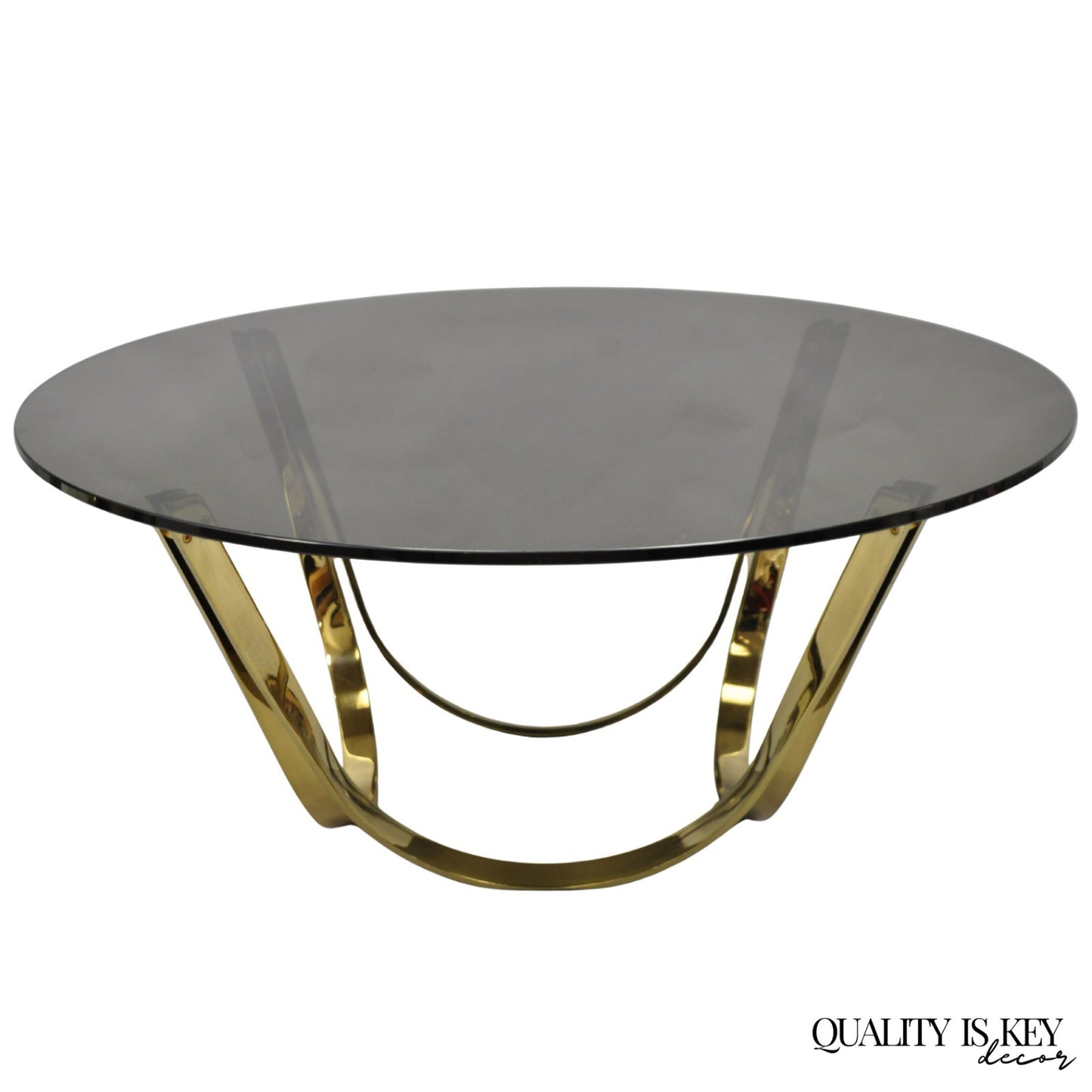 Tri-Mark Mid Century Modern Brass Plated Steel Smoked Glass Arch Coffee Table