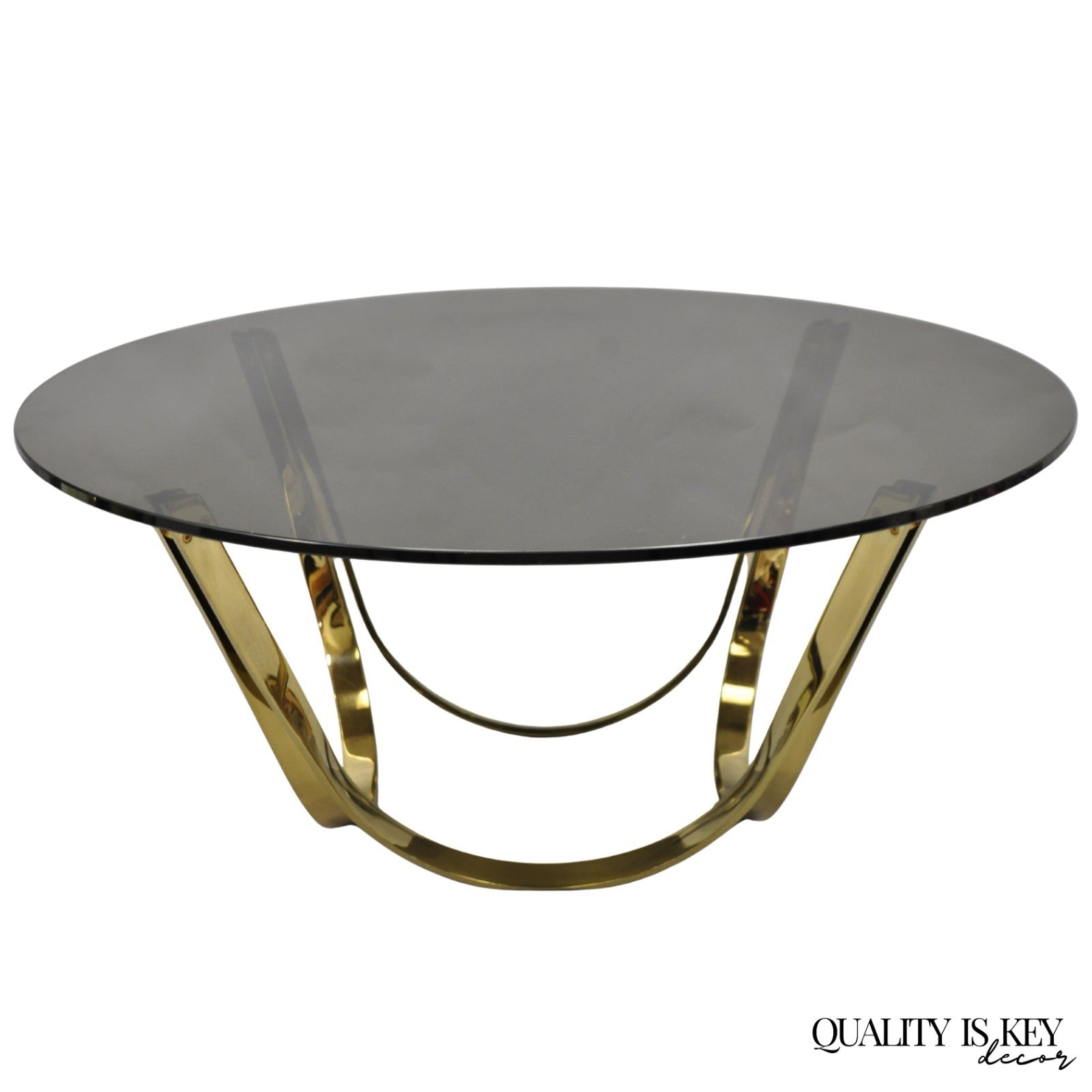 Tri-Mark Mid Century Modern Brass Plated Steel Smoked Glass Arch Coffee Table