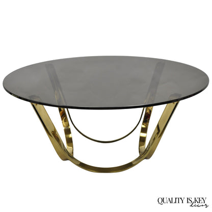 Tri-Mark Mid Century Modern Brass Plated Steel Smoked Glass Arch Coffee Table
