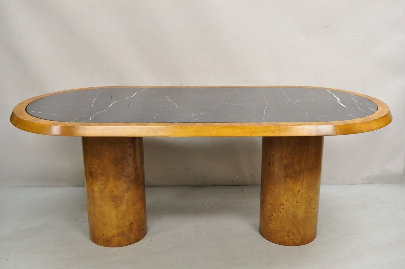 Italian Mid Century Modern Bloomingdale's Burl Wood Oval Marble Top Dining Table