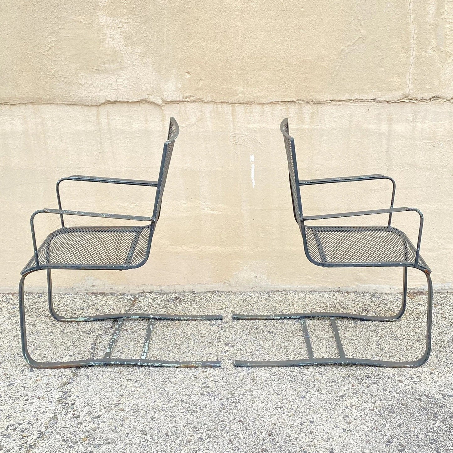 Mid Century Modern Wrought Iron Metal Mesh Cantilever Garden Patio Chair - Pair