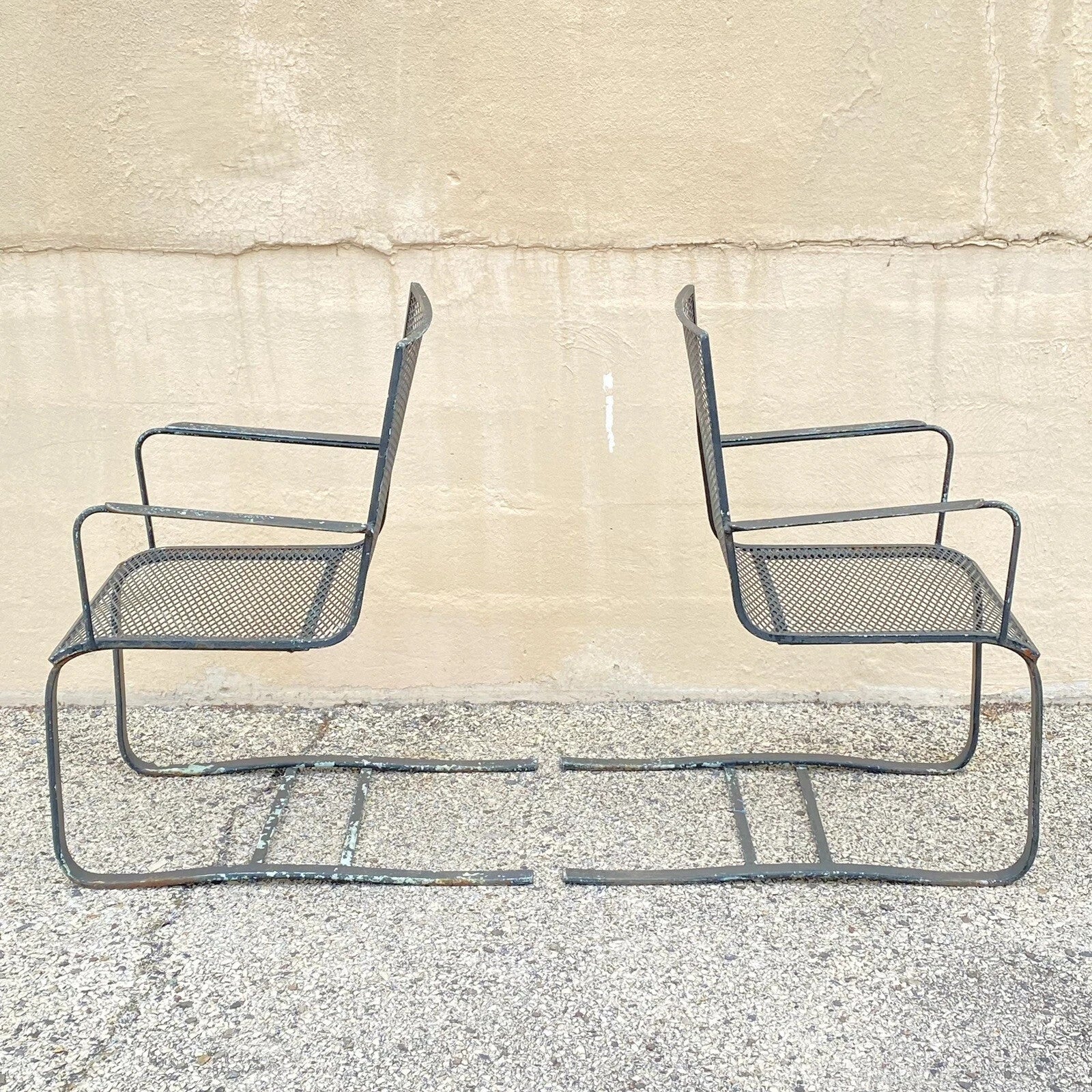 Mid Century Modern Wrought Iron Metal Mesh Cantilever Garden Patio Chair - Pair