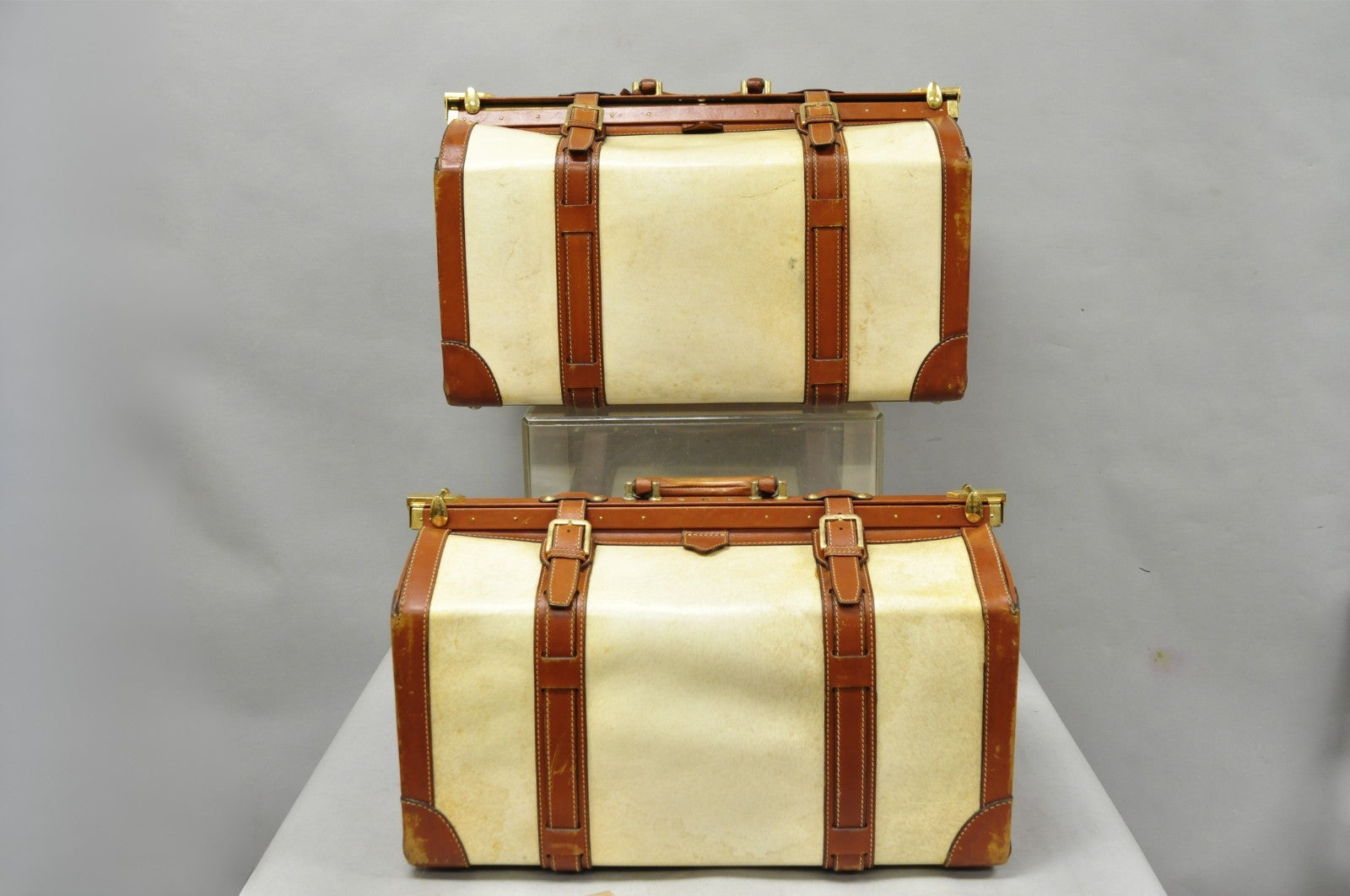Vintage Dinoffer NY Italian Brown Leather & Vellum Parchment Gladstone Bag, Pair