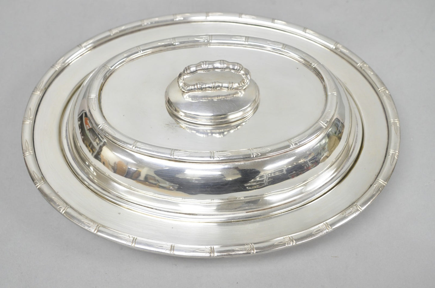 Vintage Hollywood Regency Silver Plated Faux Bamboo Oval Vegetable Serving Dish