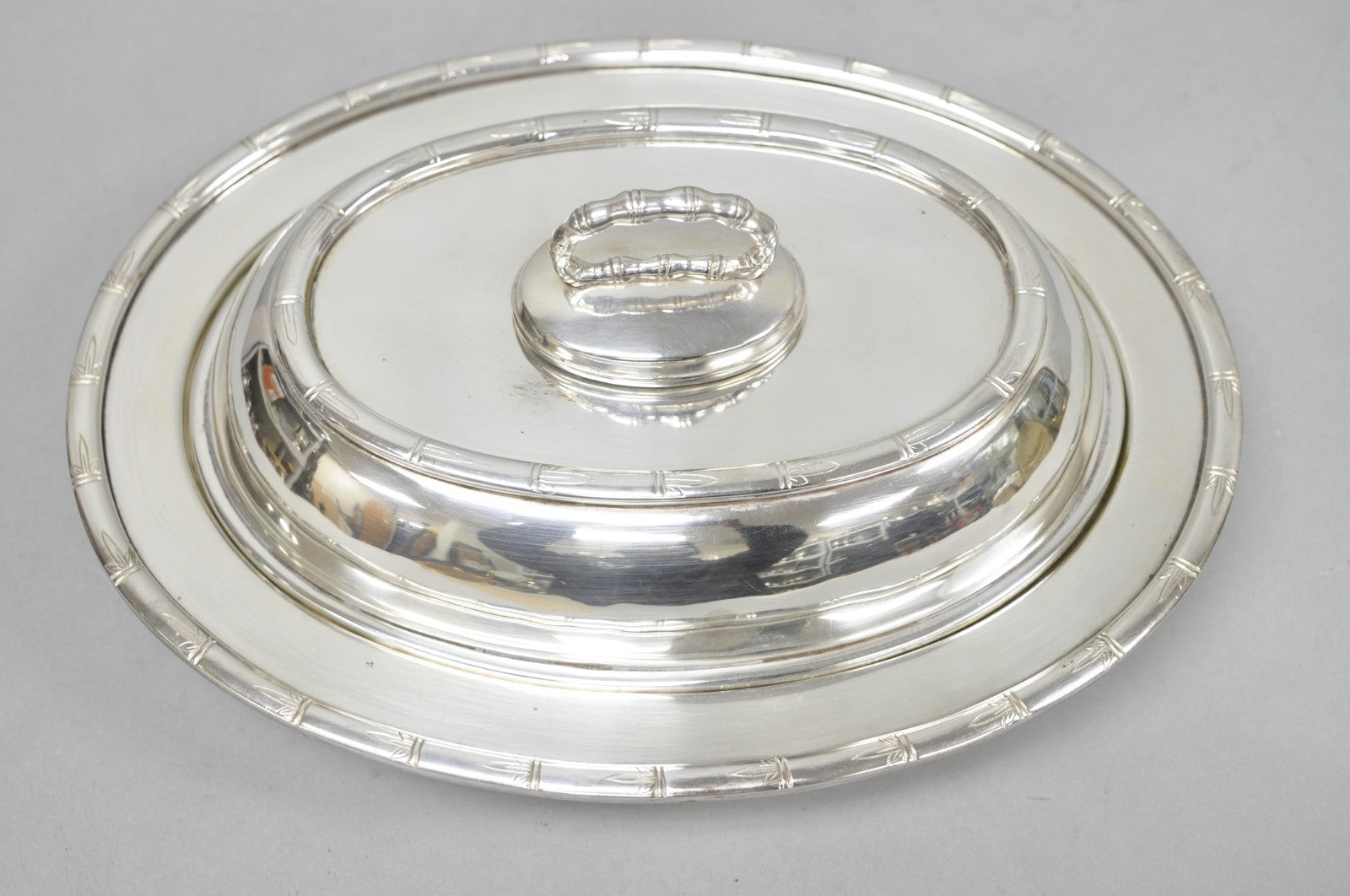 Vintage Hollywood Regency Silver Plated Faux Bamboo Oval Vegetable Serving Dish