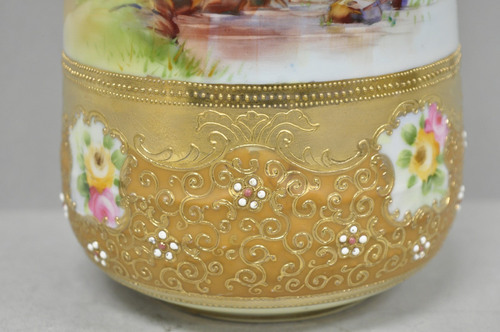 Antique Nippon Hand Painted Lake Scene Art Nouveau Twin Handle Porcelain Vase