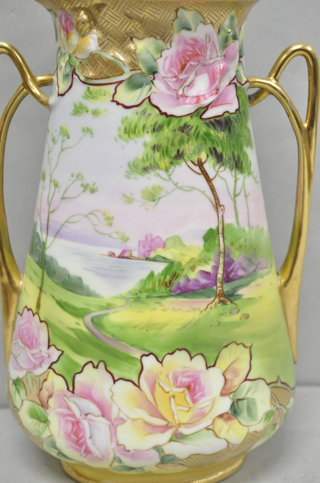 Antique Nippon Hand Painted Porcelain Twin Handle Vase w /Flowers & Lake Scene