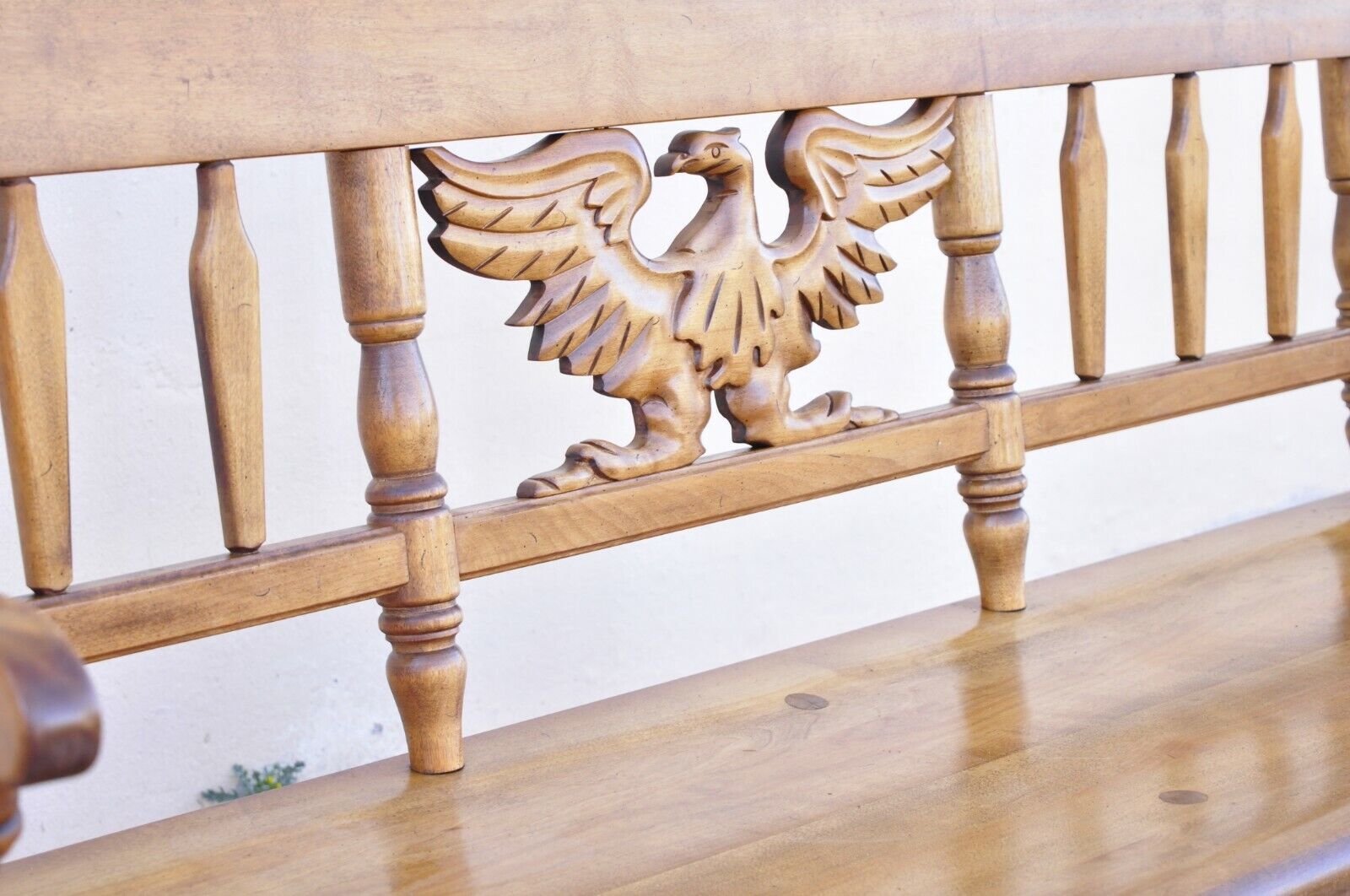 Vintage Cushman Maple Wood Settee Bench Carved Eagle Back Deacons Bench