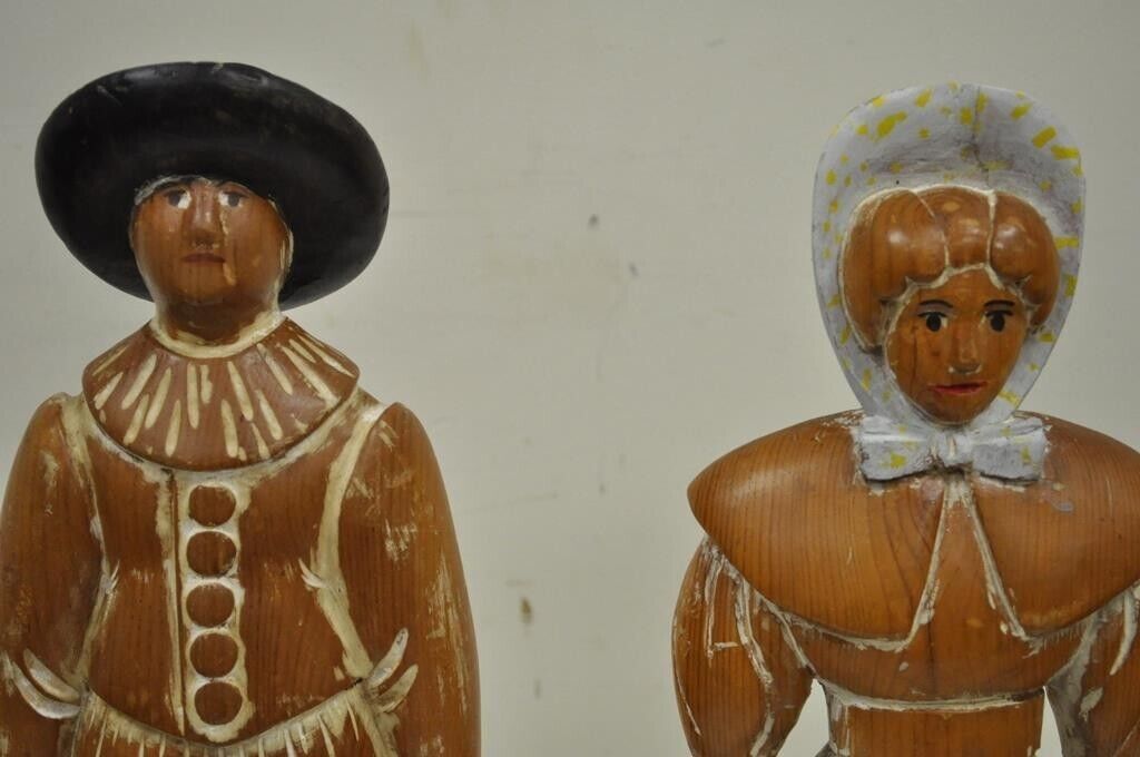 Vintage Sarreid Ltd Pine Wooden Folk Art Sculptures Man and Woman 22" Tall Pair