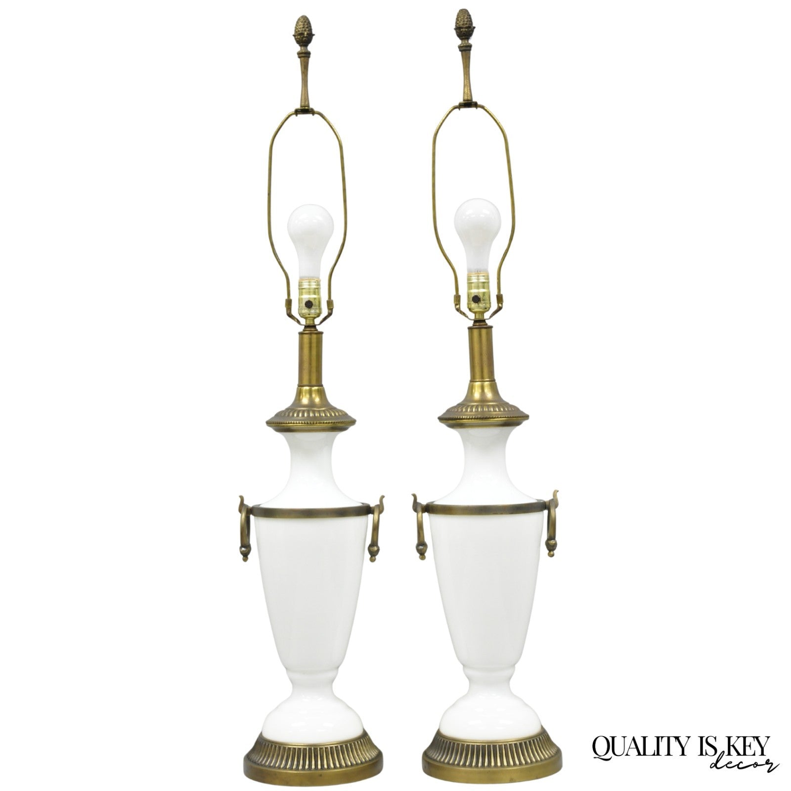 Vintage French Neoclassical White Milk Glass Urn Table Lamp by Paul Hanson, Pair