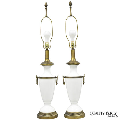Vintage French Neoclassical White Milk Glass Urn Table Lamp by Paul Hanson, Pair