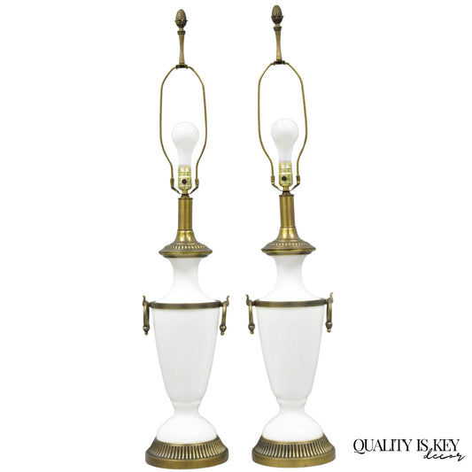Vintage French Neoclassical White Milk Glass Urn Table Lamp by Paul Hanson, Pair