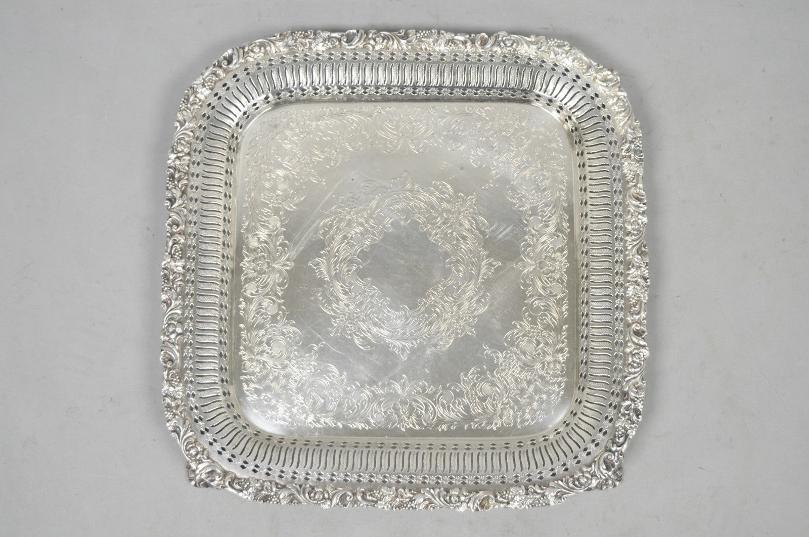 Vintage International Silver Victorian Repousse Pierced Gallery Square Bar Tray