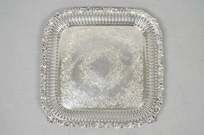 Vintage International Silver Victorian Repousse Pierced Gallery Square Bar Tray