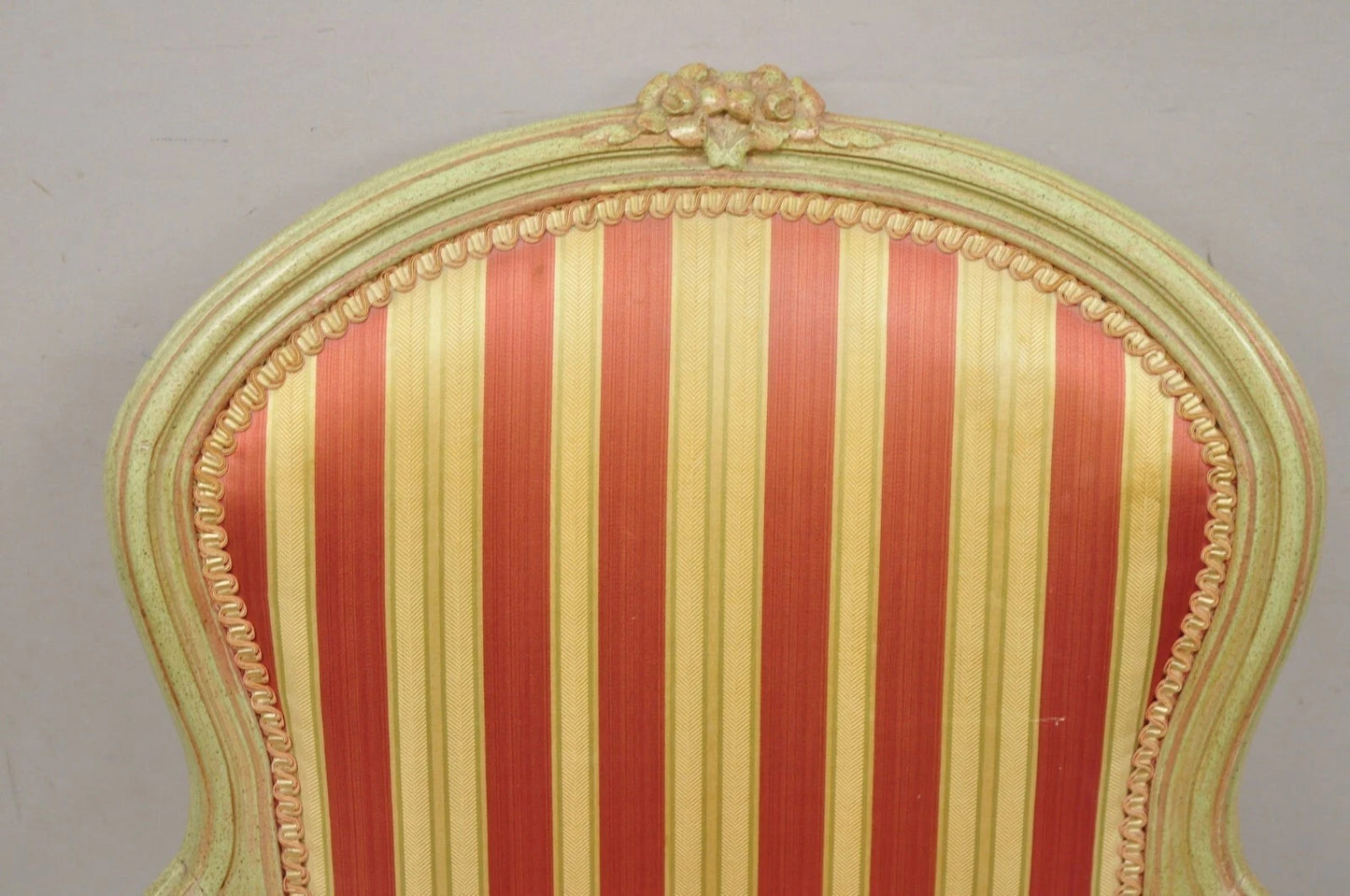 Vintage French Louis XV Style Green & Pink Painted Arm Chair w/ Striped Fabric
