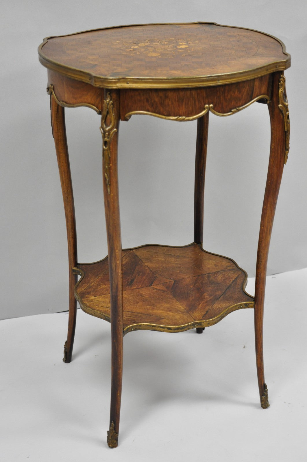 Antique French Louis XV Style Marquetry Inlay Bronze Ormolu Rosewood Side Table