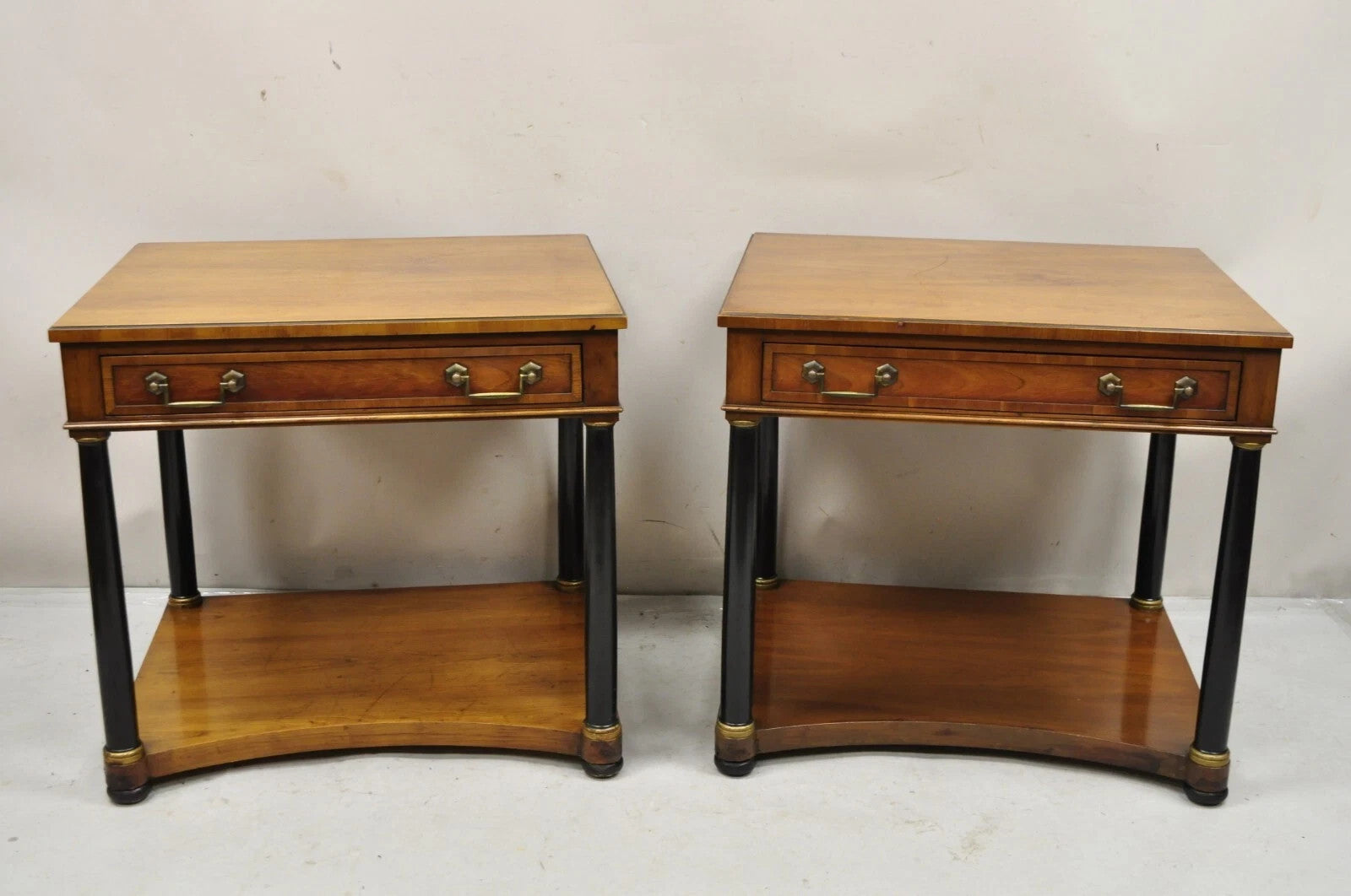 French Empire Cherry Wood Black Column 1 Drawer Lamp End Table by Heritage, Pair