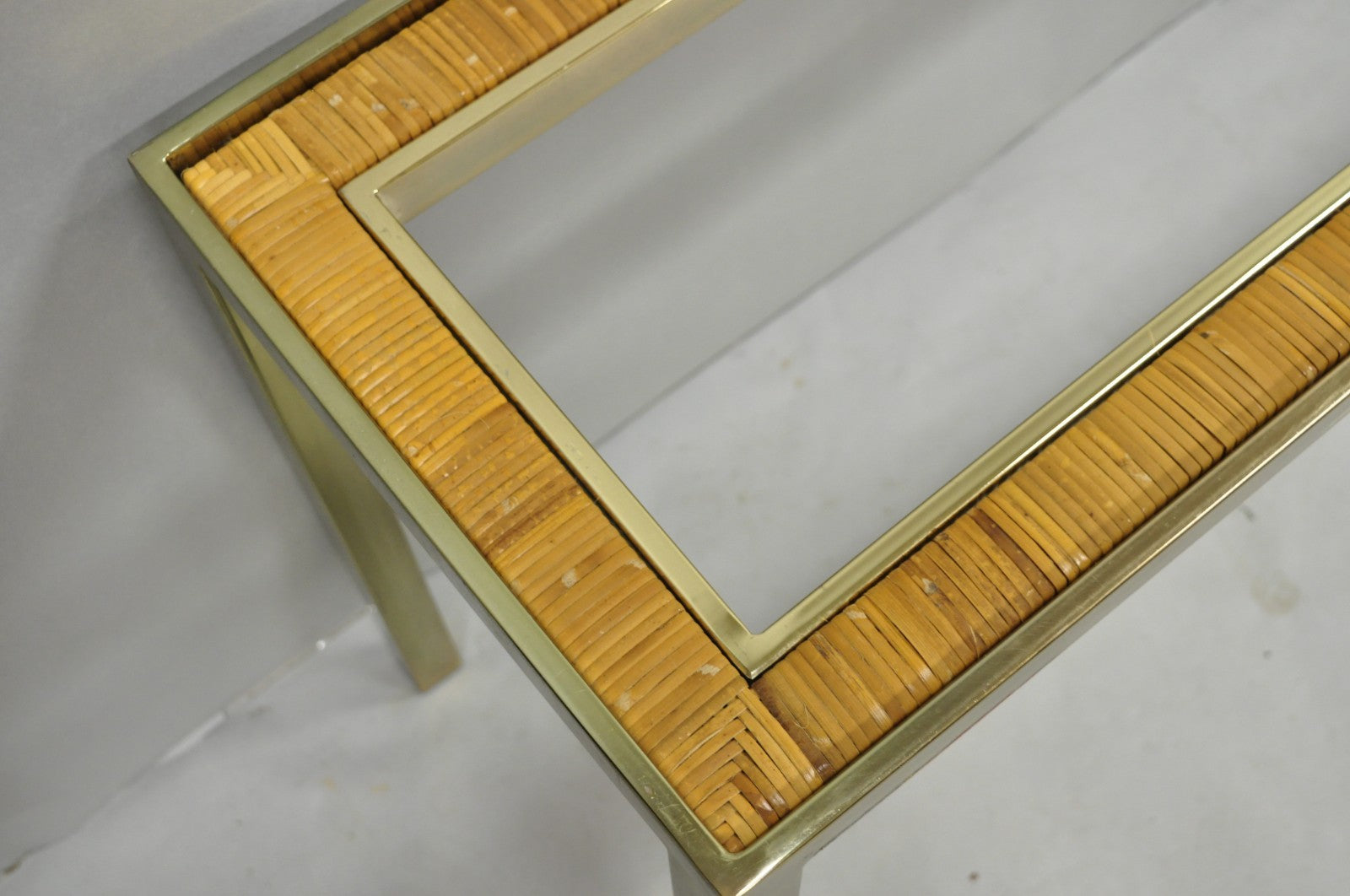 Vintage Mid Century Modern Brass Metal and Rattan Gold Console Hall Table