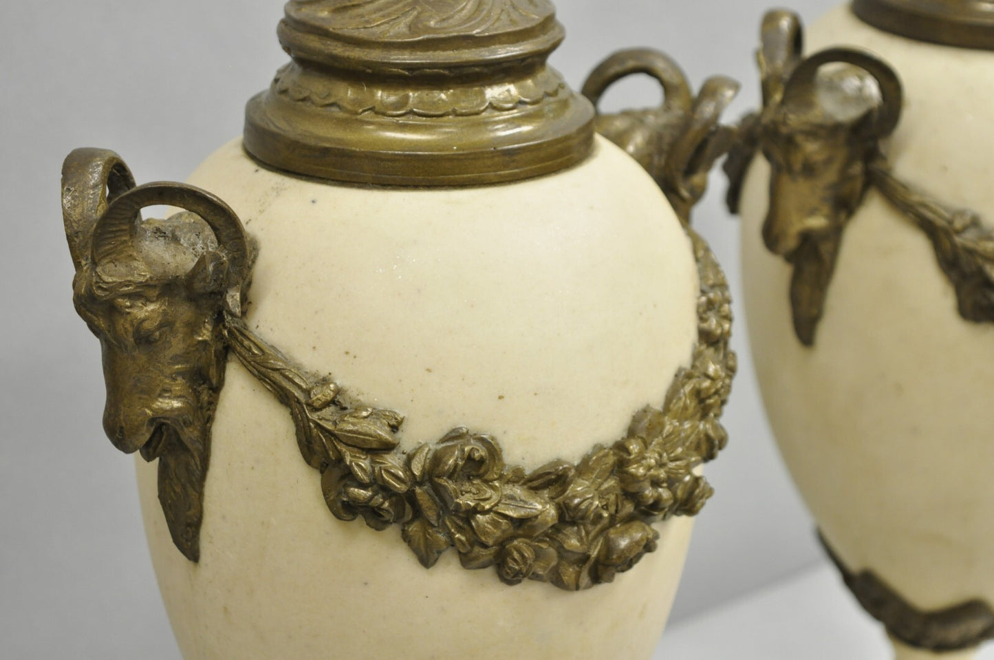 Vintage French Neoclassical Marble & Bronze Rams Head Urn Cassolettes - a Pair
