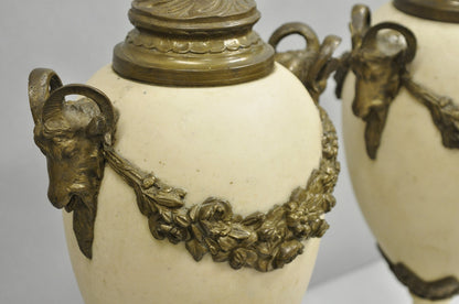 Vintage French Neoclassical Marble & Bronze Rams Head Urn Cassolettes - a Pair