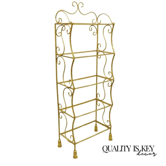 Italian Hollywood Regency Gold Gilt Iron 5 Tier Rope Tassel Narrow Etagere Stand