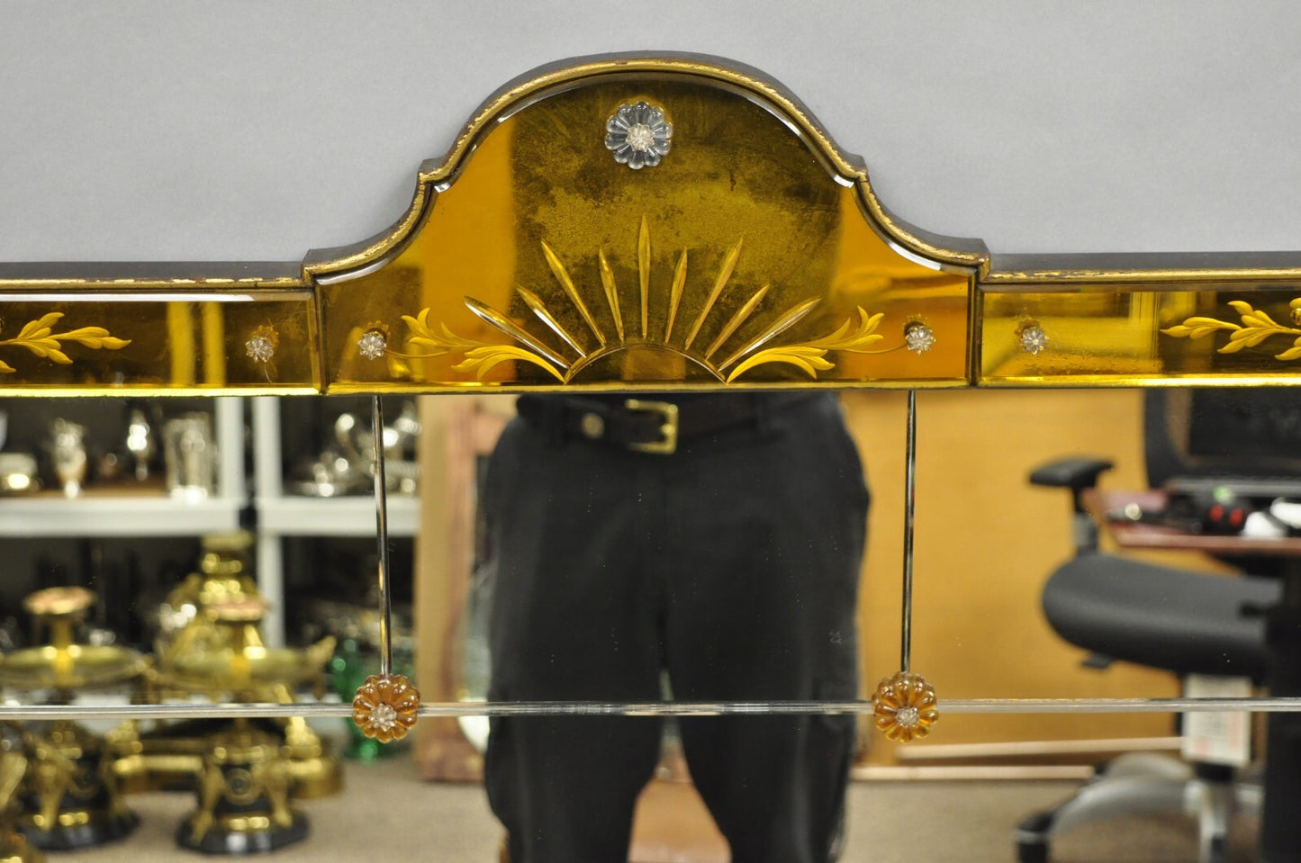 Antique French Art Deco Venetian Amber Glass Large Etched Wall Mirror