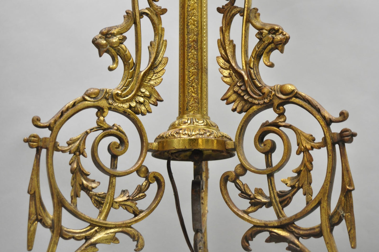 Victorian Bronze Griffin Figural Converted Oil Lamp Marble Side Table Floor Lamp