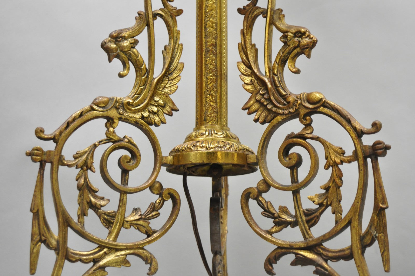 Victorian Bronze Griffin Figural Converted Oil Lamp Marble Side Table Floor Lamp