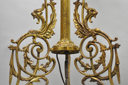 Victorian Bronze Griffin Figural Converted Oil Lamp Marble Side Table Floor Lamp