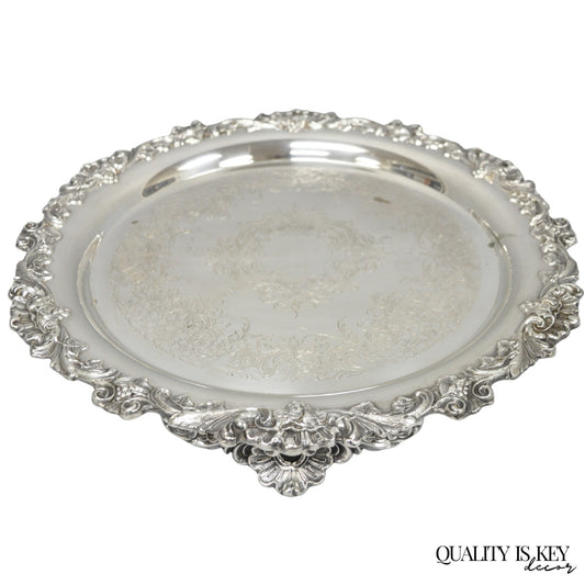 Vintage Wilcox Victorian Silver Plated Round Ornate Footed Salver Serving Tray