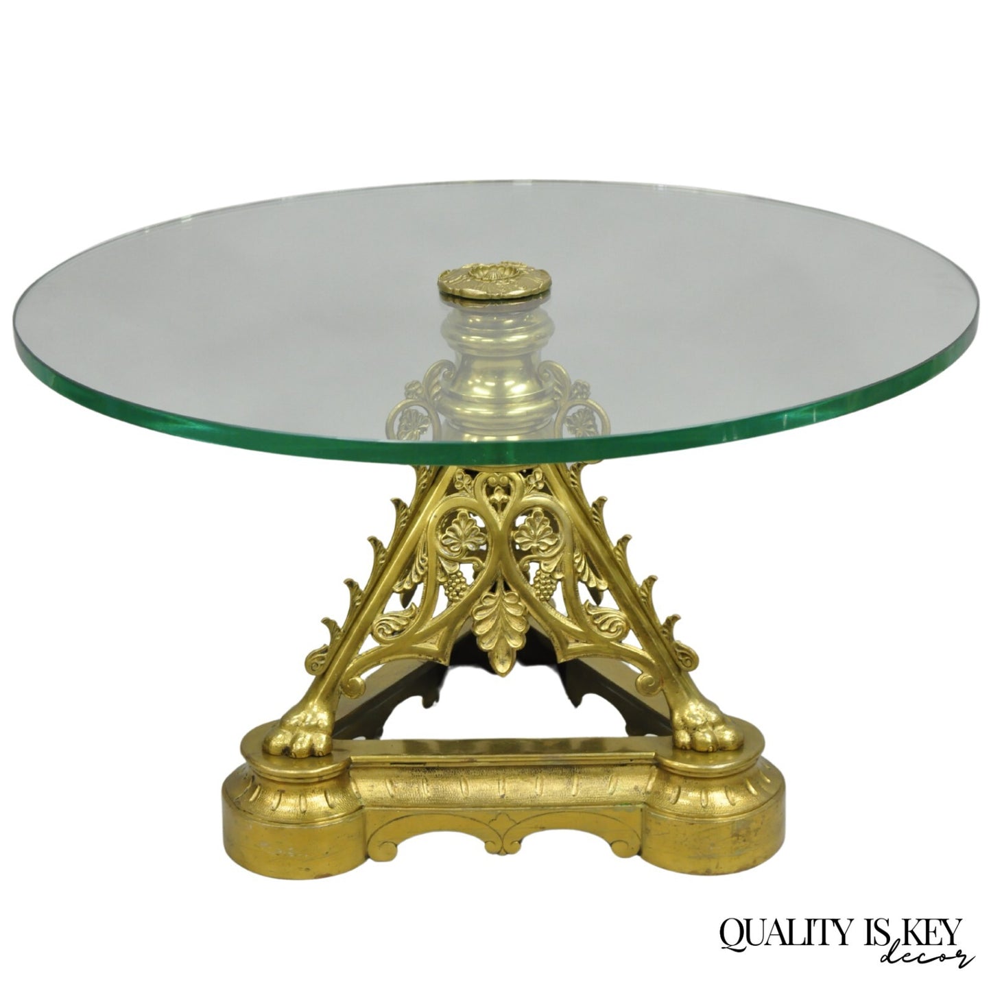 French Empire Renaissance Bronze Paw Foot Pedestal Base Round Glass Coffee Table