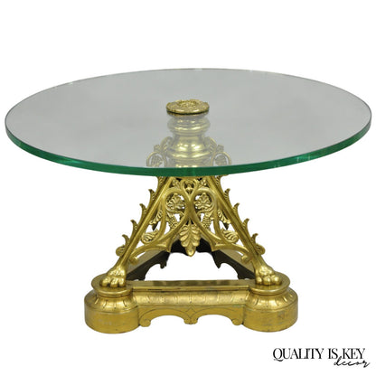 French Empire Renaissance Bronze Paw Foot Pedestal Base Round Glass Coffee Table