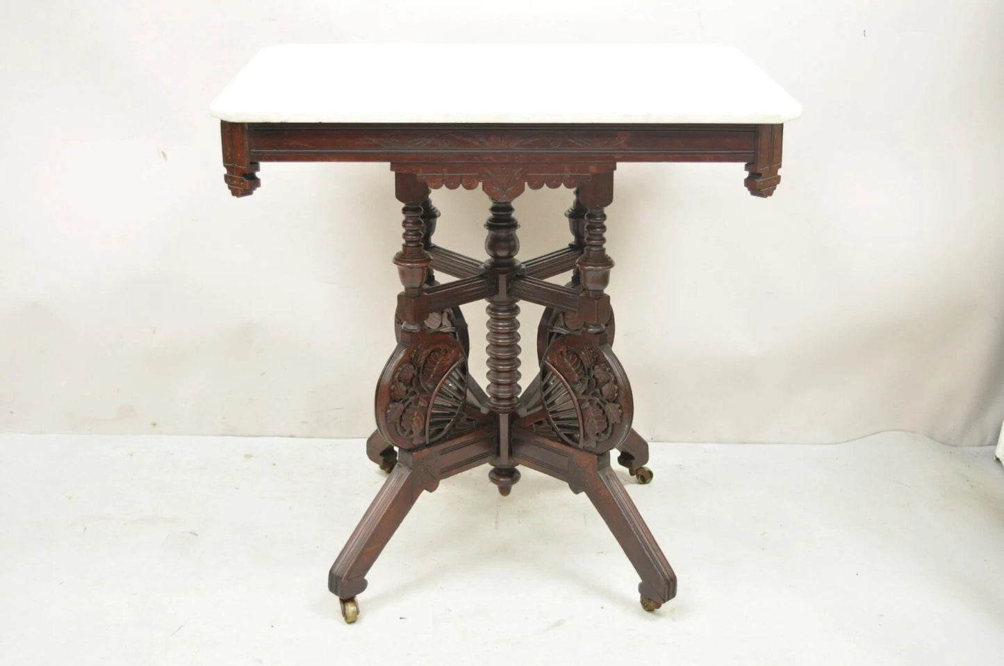 Antique Eastlake Victorian Floral Carved Walnut Marble Top Parlor Side Table