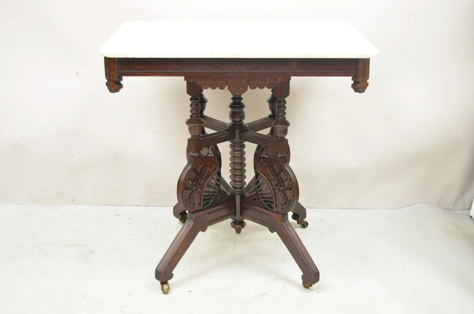 Antique Eastlake Victorian Floral Carved Walnut Marble Top Parlor Side Table
