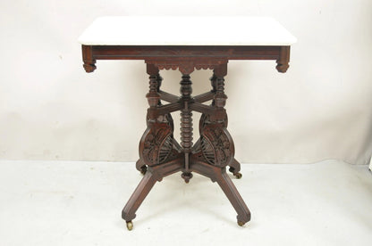 Antique Eastlake Victorian Floral Carved Walnut Marble Top Parlor Side Table