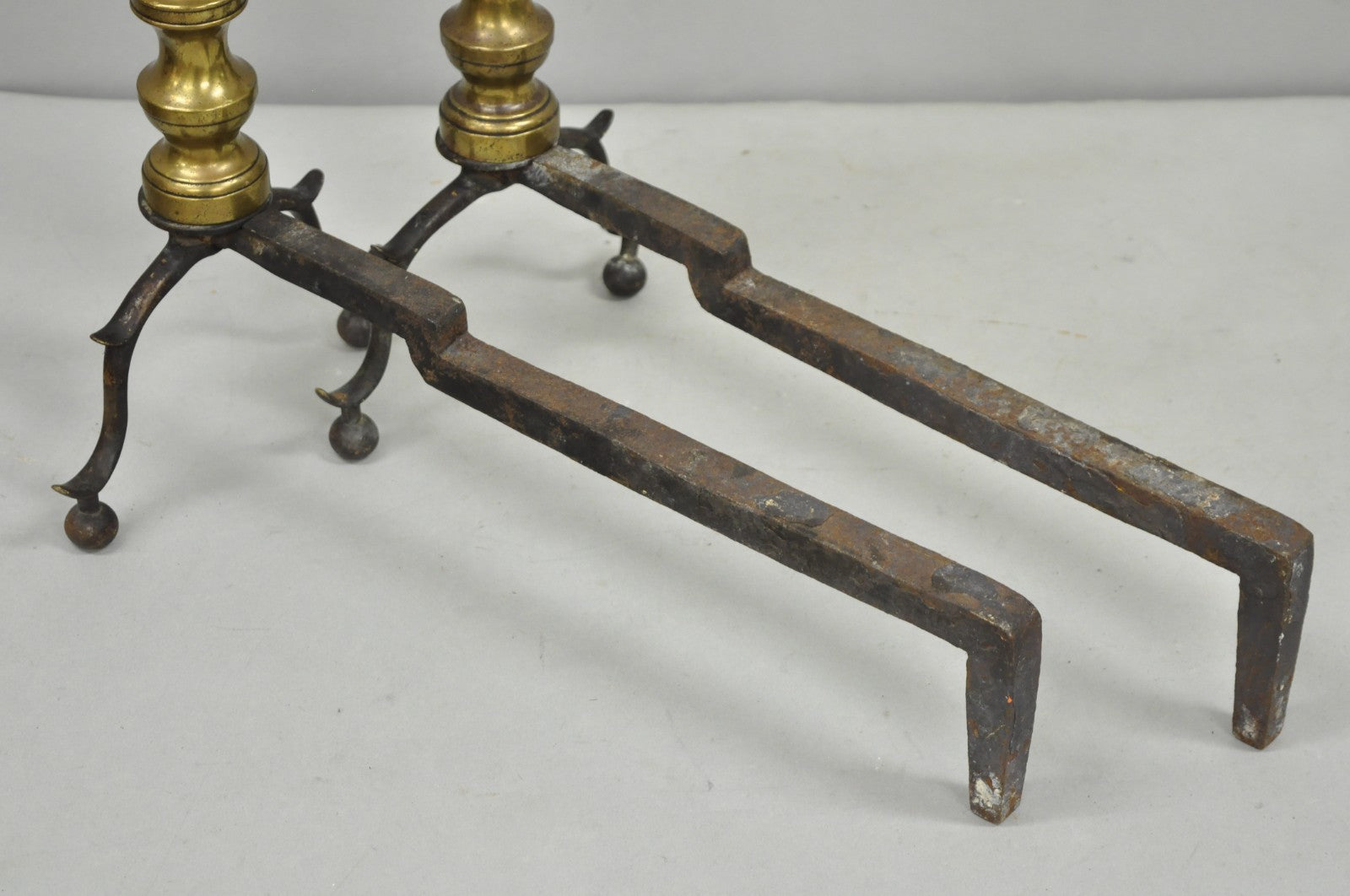 Antique English Federal Brass Branch Leg Cast Iron Fireplace Andirons - a Pair