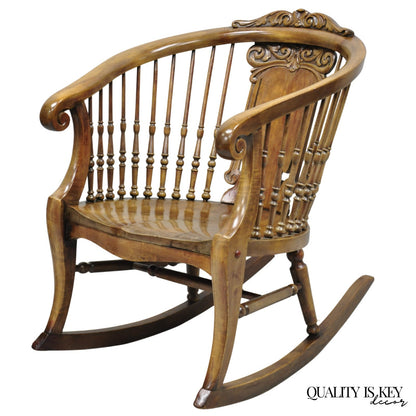 Antique American Victorian Carved Walnut Spindle Back Rocker Rocking Chair