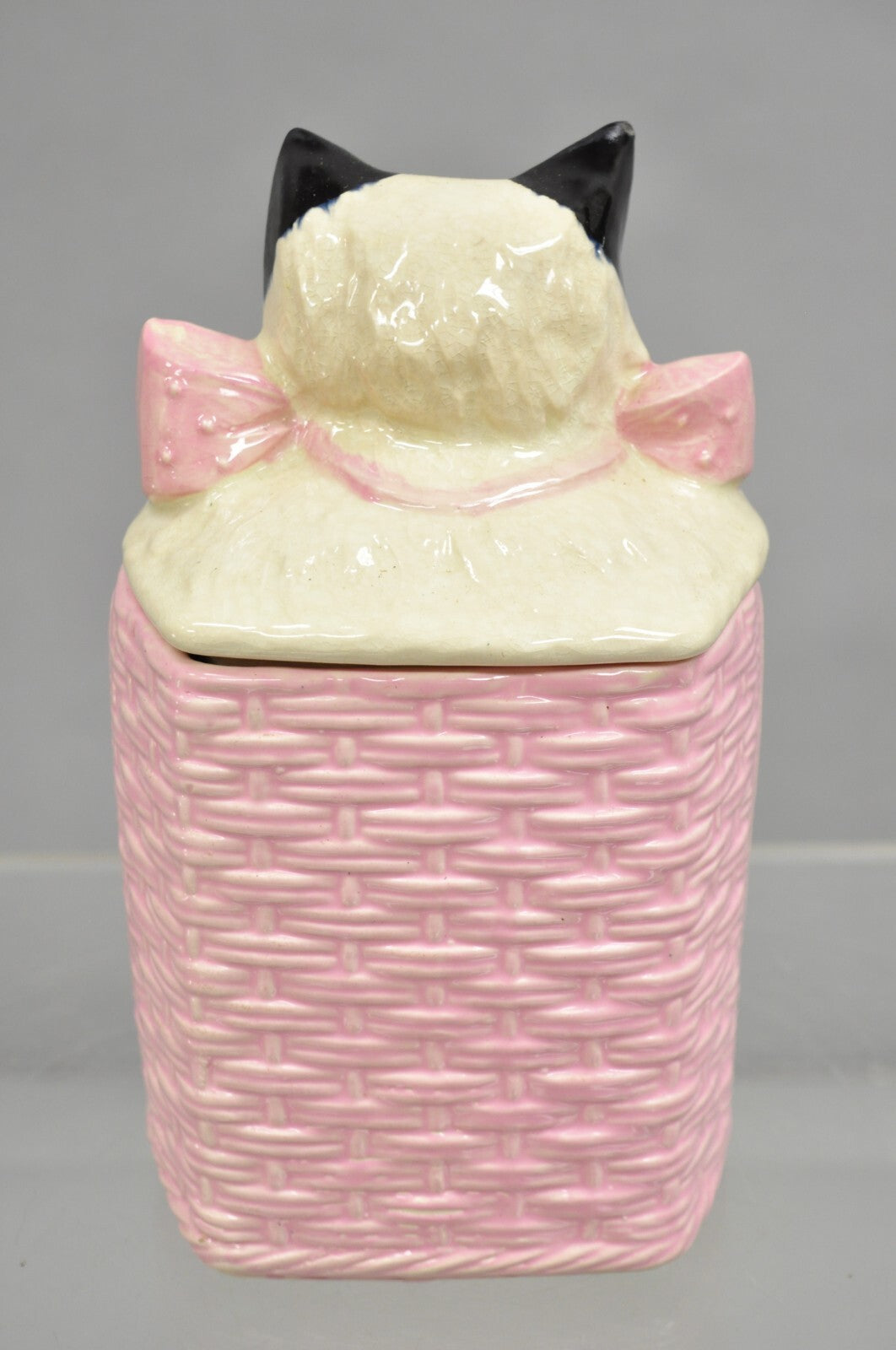Vintage McCoy Pottery White and Black Cat Kitten Kitty in Pink Basket Cookie Jar