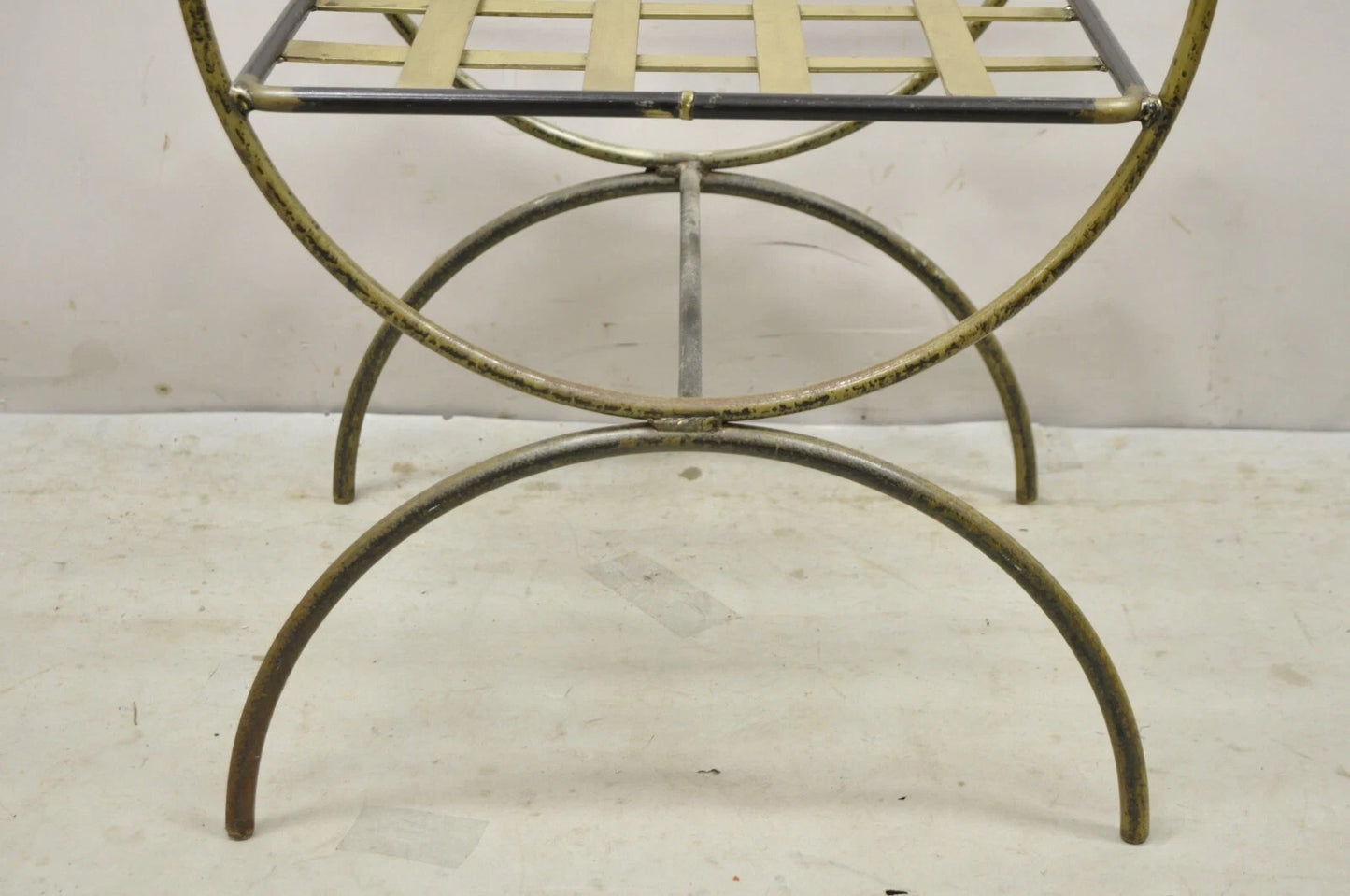 Vintage Neoclassical Style Wrought Iron Curule Savonarola X-Form Bench Chair
